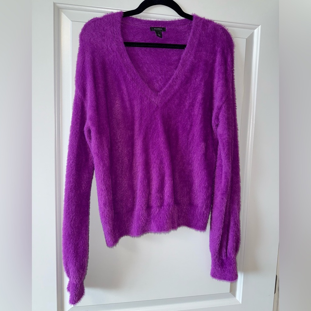 Purple Fuzzy V-Neck Sweater Size Small